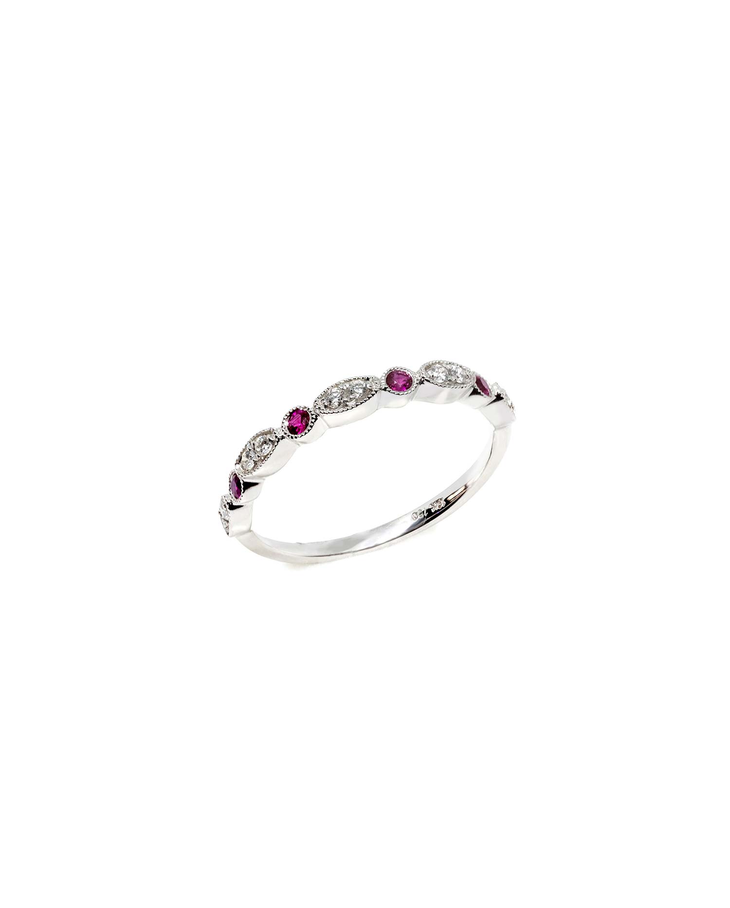 Anillo Oro Blanco Diamantes y Rubíes.
